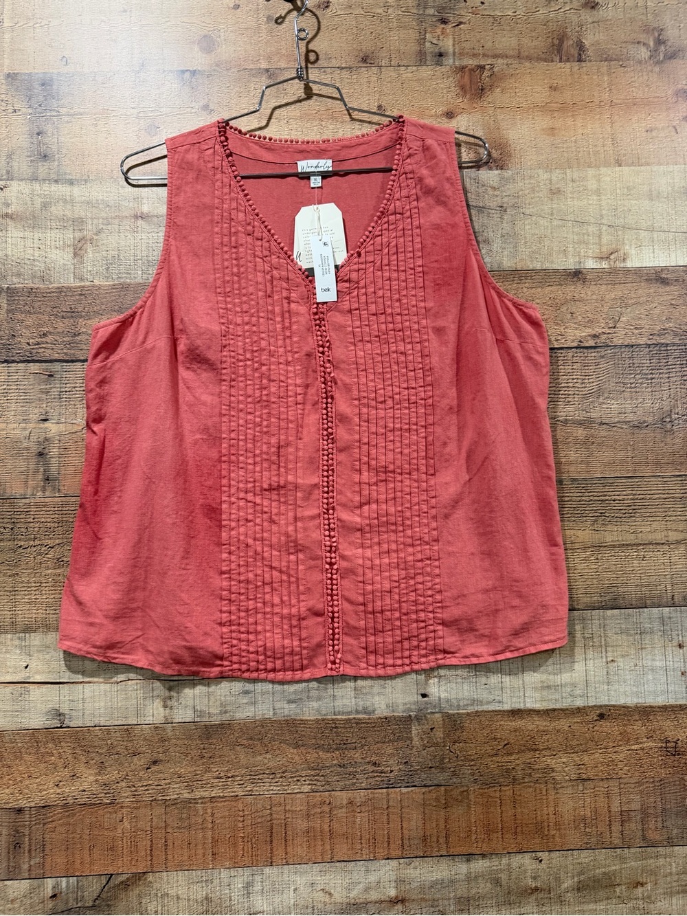 NWT Wonderly Coral Pintuck V-Neck Tank Size XL